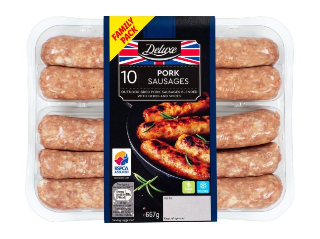 Lidl's Deluxe Pork Sausages on a white background