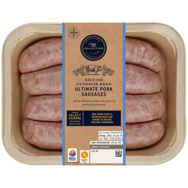 M&S Collection British Outdoor Bred Pork Sausages on a white background