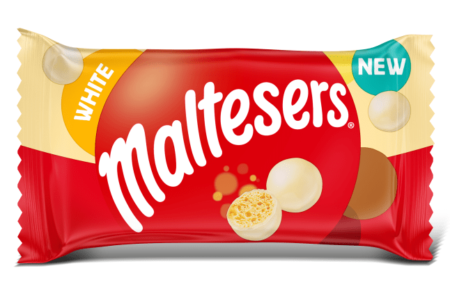 A single pack of white chocolate Maltesers on a white background