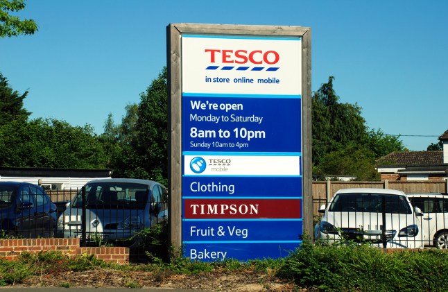 Tesco supermarket sign which shows the shop has a bakery