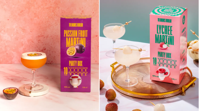 A split image showing two box cocktails with taps, passion fruit martini (left) and lychee martini (right)