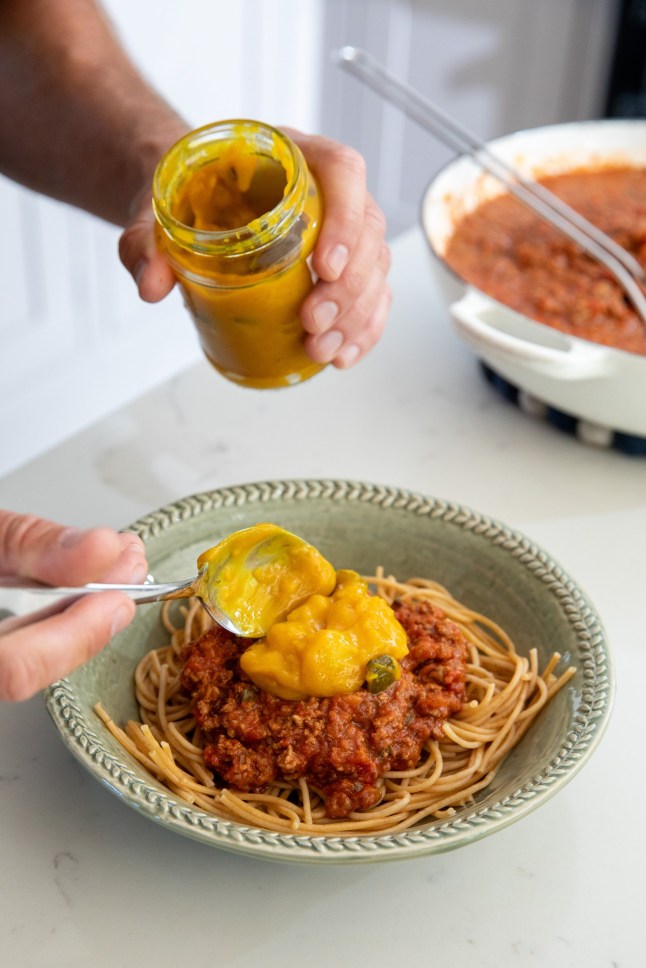 Metro - What's Cooking? Scott Harrison. Picture shows Scott's spaghetti bolognese which he serves with piccalilli and white pepper. 12th May 2025. PHOTOGRAPH BY DANIEL JONES 2025 +44 (0)7815 853503 info@danieljonesphotography.co.uk www.danieljonesphotography.co.uk